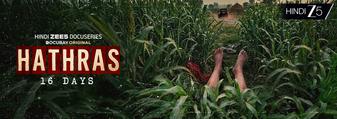 Scene from Hathras 16 Days documentary series on ZEE5 depicting the controversial nighttime cremation and media investigation surrounding the 2020 case.
