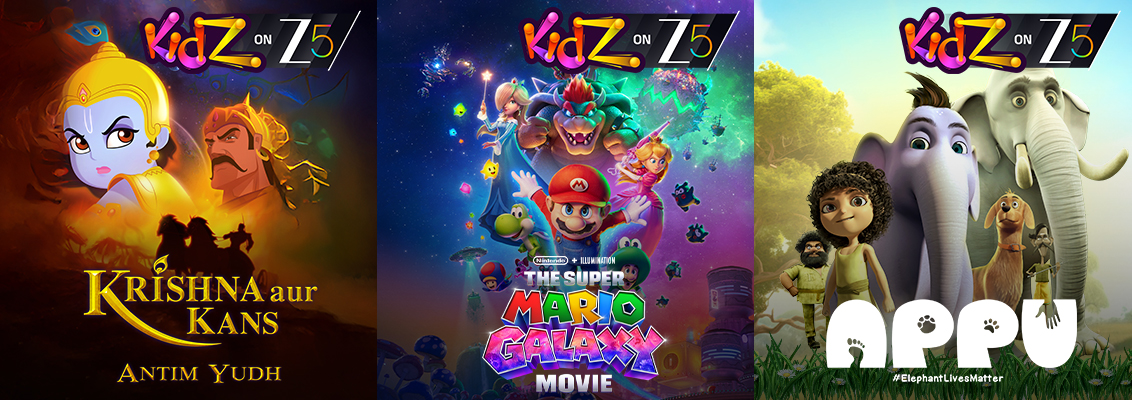 A colourful collage featuring Krishna Aur Kans Antim Yudh, The Super Mario Galaxy, Appu, Love U Ganesha and Toonpur Ka Super Hero, showcasing animated adventures, mythology and family entertainment.