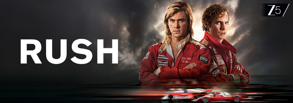 Chris Hemsworth as James Hunt and Daniel Brühl as Niki Lauda in Rush, a Formula One racing drama based on their legendary rivalry.