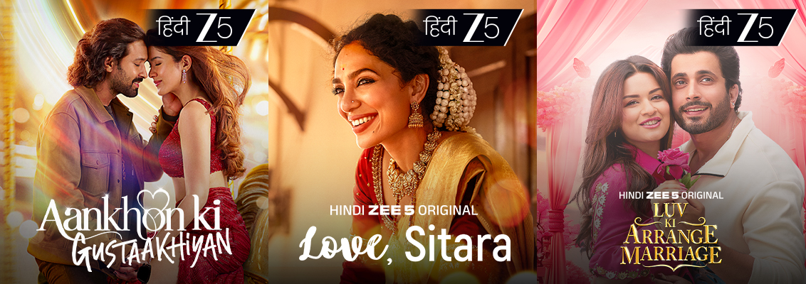 A collage featuring couples from Aankhon Ki Gustaakhiyan, Love Sitara, Luv Ki Arrange Marriage, 14 Phere and Kedarnath, celebrating romance across different love stories.