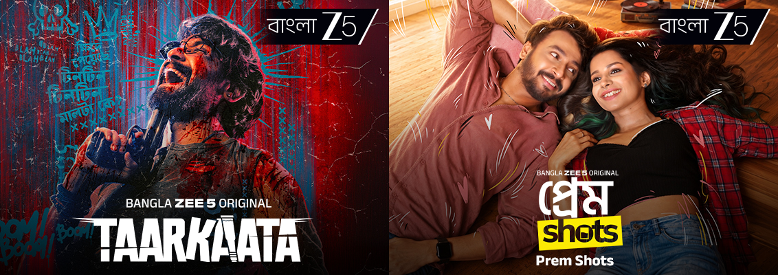 A vibrant collage featuring scenes from Taarkata, Kaalipotka, Prem Shots, The Academy of Fine Arts: The Series Raw & Uncensored, Ronkini Bhavan, and Ganoshotru, showcasing Bengali crime, mystery, drama, and thriller series on Zee 5.