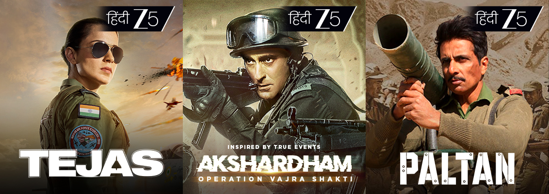 A tribute to Indian military heroes featuring scenes from Uri The Surgical Strike, Sam Bahadur, Tejas, Akshardham Operation Vajra Shakti and Paltan.