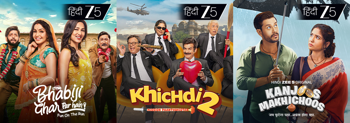 A vibrant collage featuring scenes from Khichdi 2, Bhabhiji Ghar Par Hain Fun On the Run Movie, Kanjoos Makhichoos, 36 Farmhouse and Go Goa Gone, showcasing comedy and chaos.
