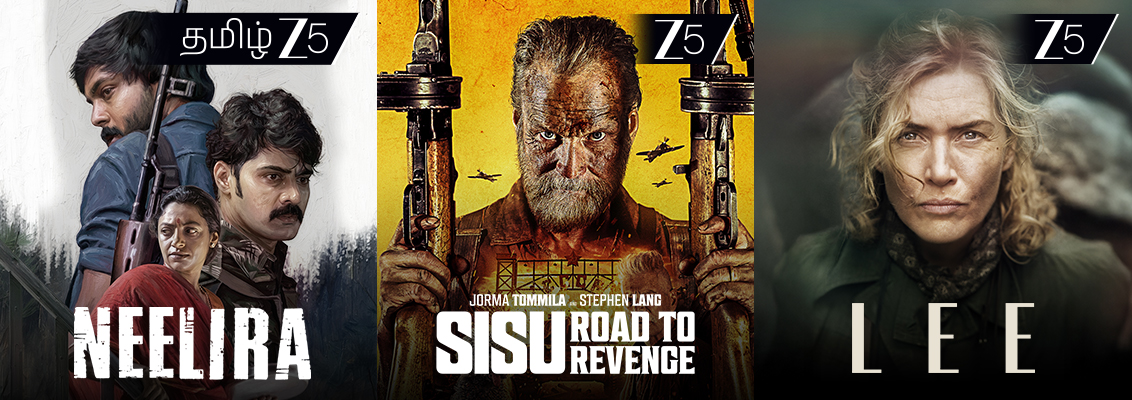 A powerful collage featuring Neelira, Sisu: Road to Revenge, Lee, Har Har Mahadev and The Balkan Line, showcasing war heroes, battlefield struggles and historic conflicts in Tamil on Zee 5.