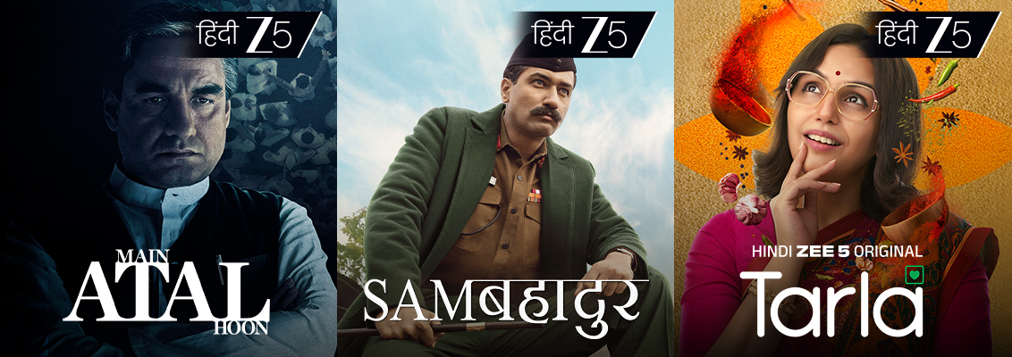 A collage featuring Main Atal Hoon, Swatantrya Veer Savarkar, Tarla, Sam Bahadur and The Accidental Prime Minister, celebrating influential real-life personalities through inspiring Hindi biopics on Zee 5.