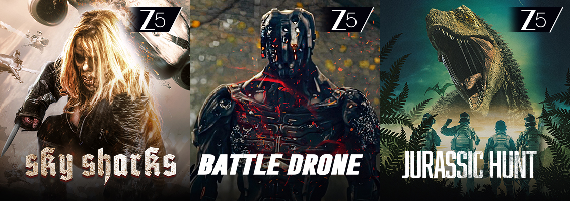 A sci-fi action collage featuring flying sharks from Sky Sharks, robotic combat machines from Battle Drone and prehistoric dinosaurs from Jurassic Hunt, showcasing impossible threats and high-stakes adventures on Zee 5.