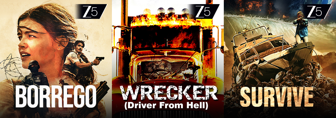 A suspense-filled collage featuring Borrego, Wrecker and Survive, showcasing a desert hostage situation, a relentless highway pursuit and a post-apocalyptic world where survival is never guaranteed.