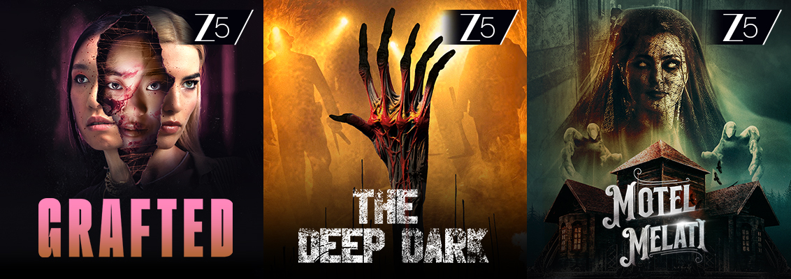 A chilling collage featuring Grafted, The Deep Dark, Motel Melati, The Free Fall, Room 203, Maneater and Consumed, showcasing supernatural mysteries, psychological horror and deadly creatures on Zee 5.