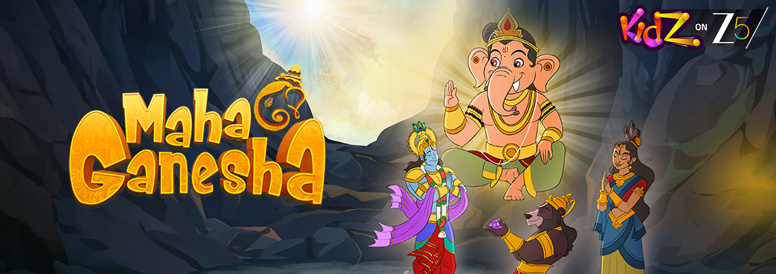Animated Lord Ganesha sharing mythological adventures with young Vignesh in Maha Ganesha, a colourful kids' series inspired by Indian legends.