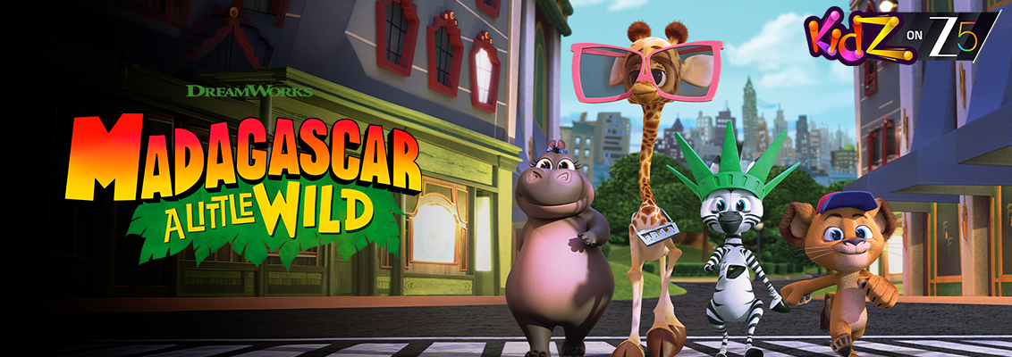 Young Alex, Marty, Gloria and Melman share a playful moment at Central Park Zoo in Madagascar: A Little Wild, a Hindi-dubbed animated comedy series on Zee 5.